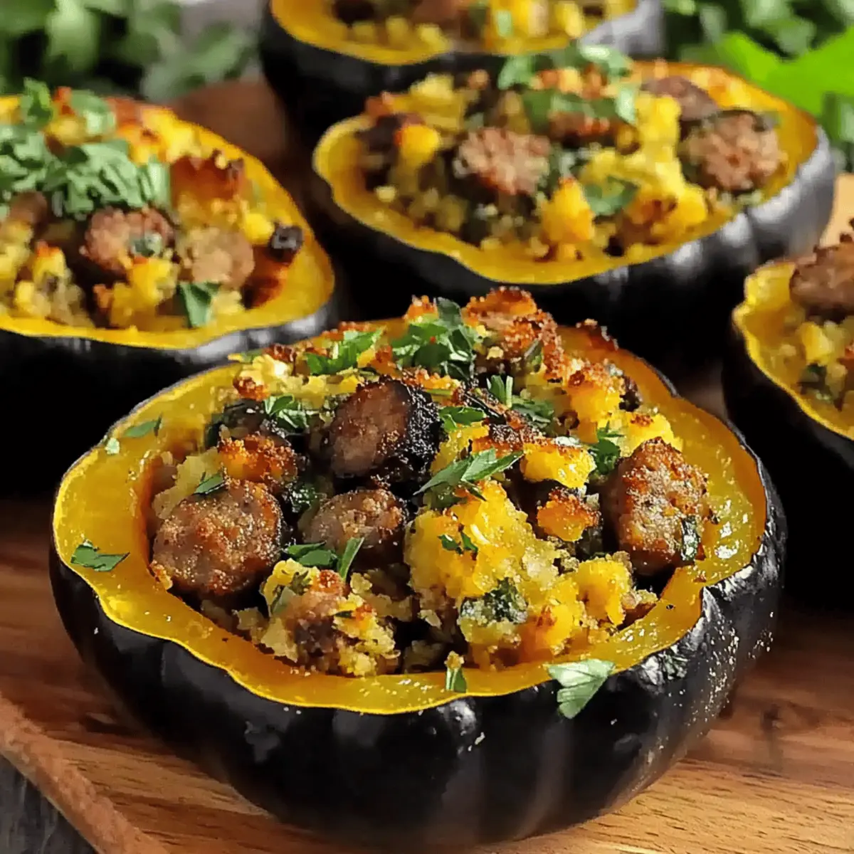 Sausage Stuffed Acorn Squash with Cornbread Stuffing