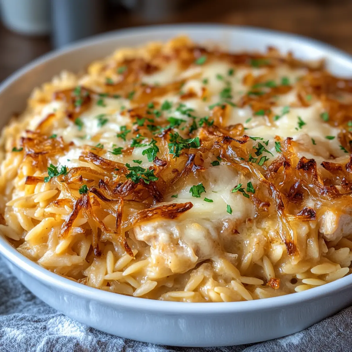 French Onion Chicken Orzo Casserole u14bq2