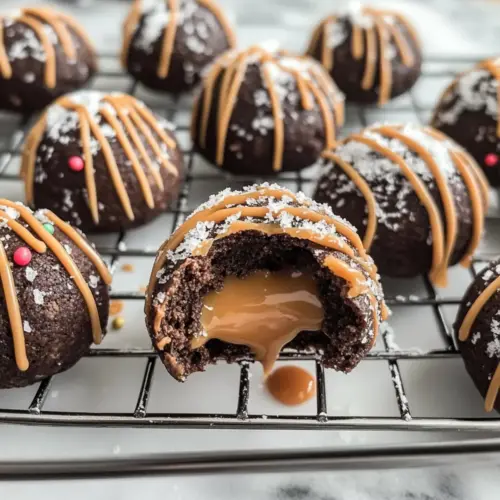 Chocolate Peanut Butter Snowballs with Caramel Drizzle