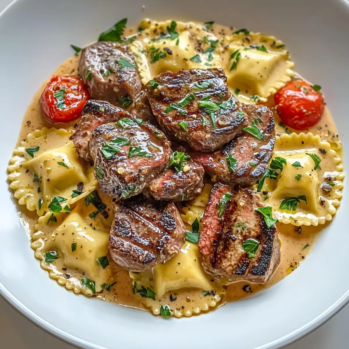 Steak and Ravioli with Creamy Garlic Herb Sauce