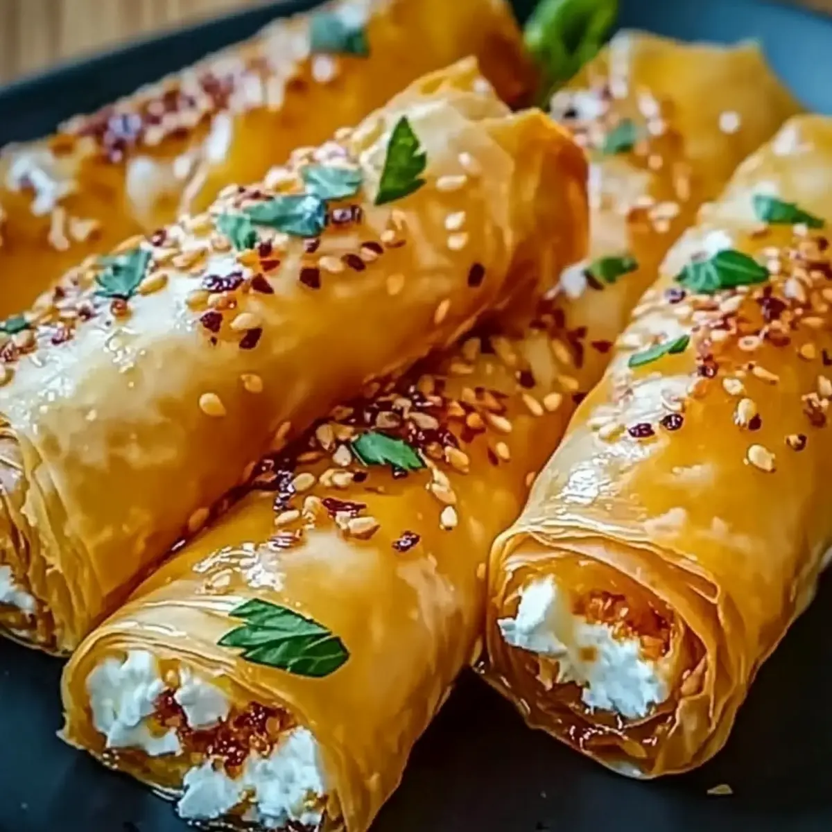 Oven Fried Feta Rolls with Chili Honey